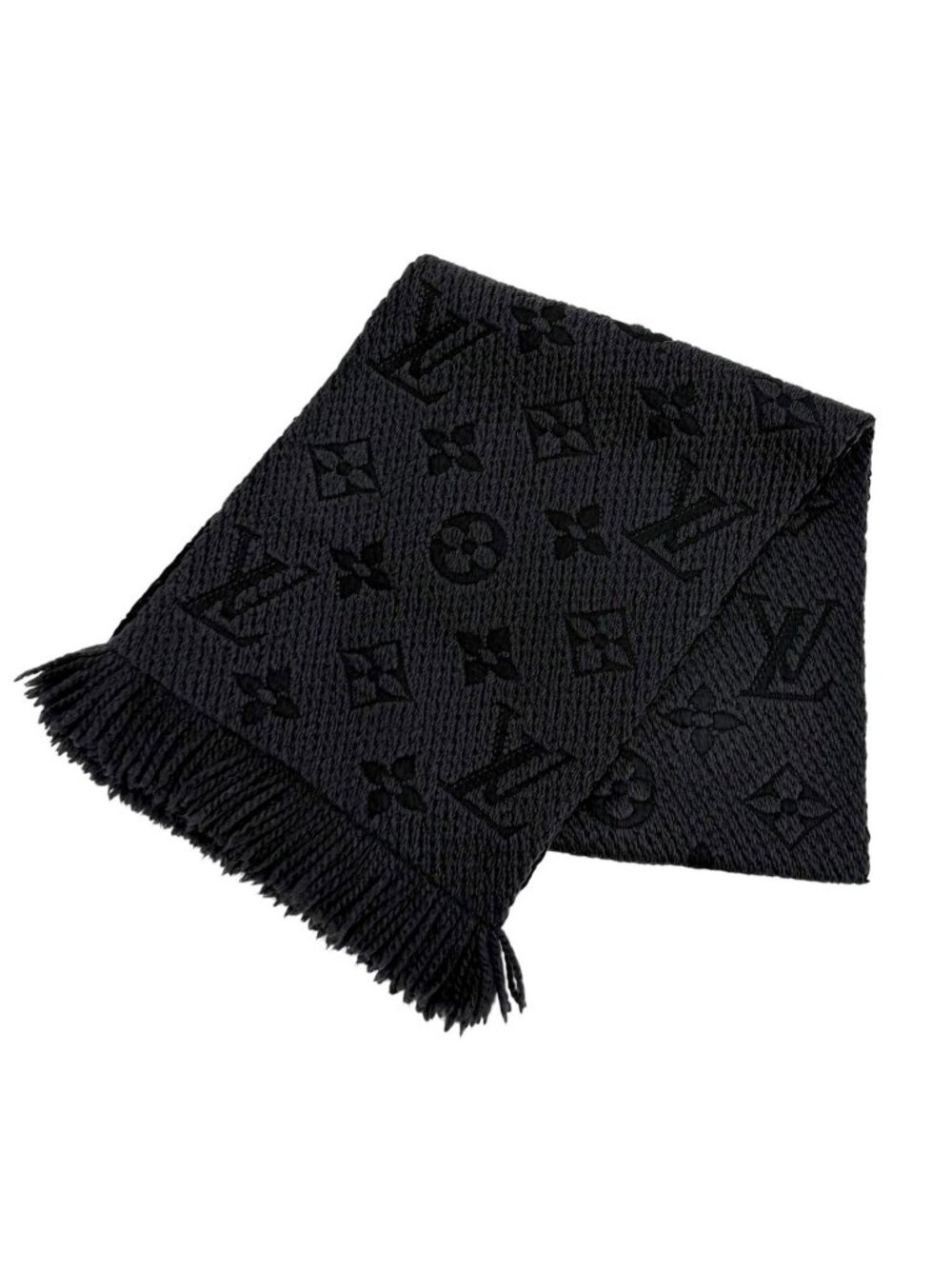 Louis Vuitton Logomania Scarf Wool Silk Blend Monogram Fringe Black